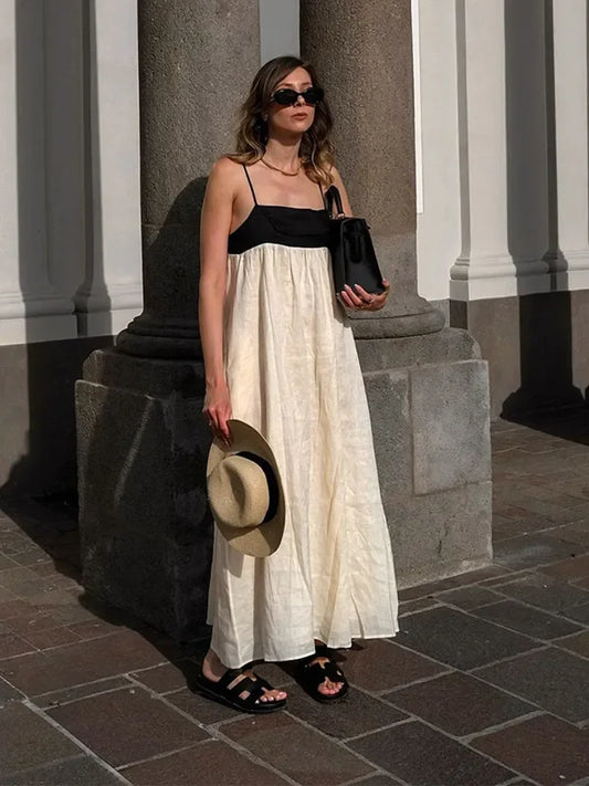 Contrast Splicing Loose Sling Long Dresses  for Women