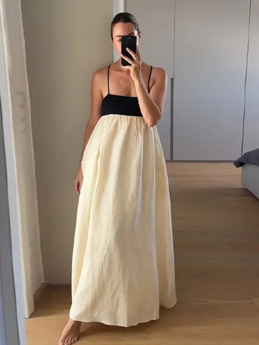 Contrast Splicing Loose Sling Long Dresses  for Women